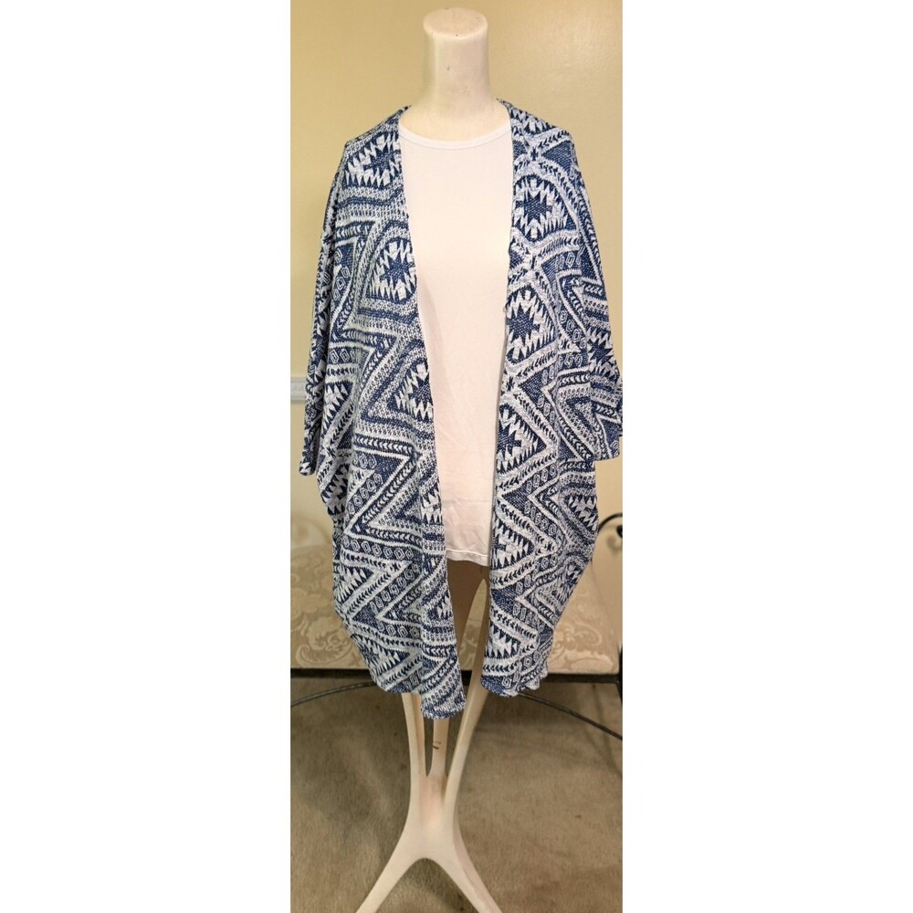Women’s Blue White Boho Cardigan & White Long Sleeve Top 2 Piece Outfit Set